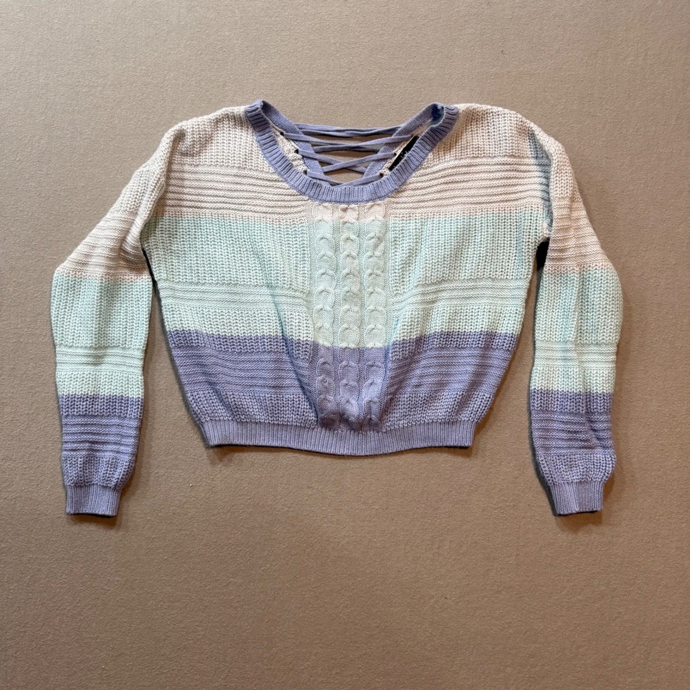 Derek Heart Pastel Ombre‎ Boho Y2K Striped Cable Knit Lace-Up Sweater Women M